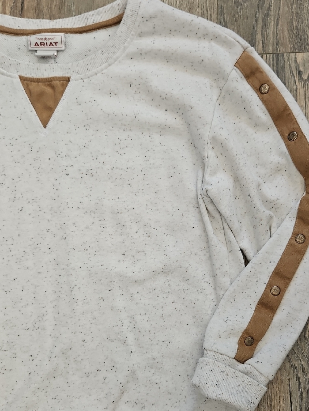 Ariat Cream Speckled Crewneck Sweat Shirt Womens with Tan Suede-Trim Buttons